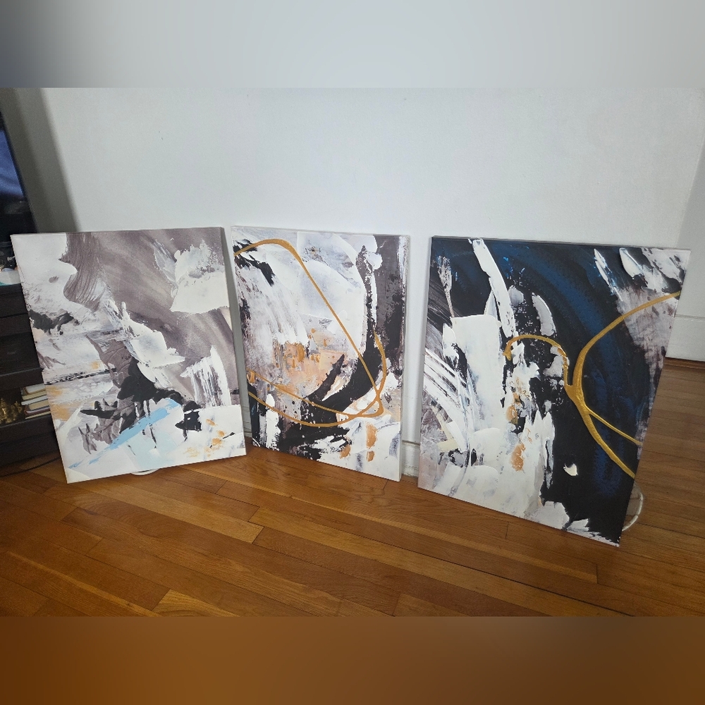 3 Extra Large Textured Abstract Art Canvas Set - Blue, White, Gold